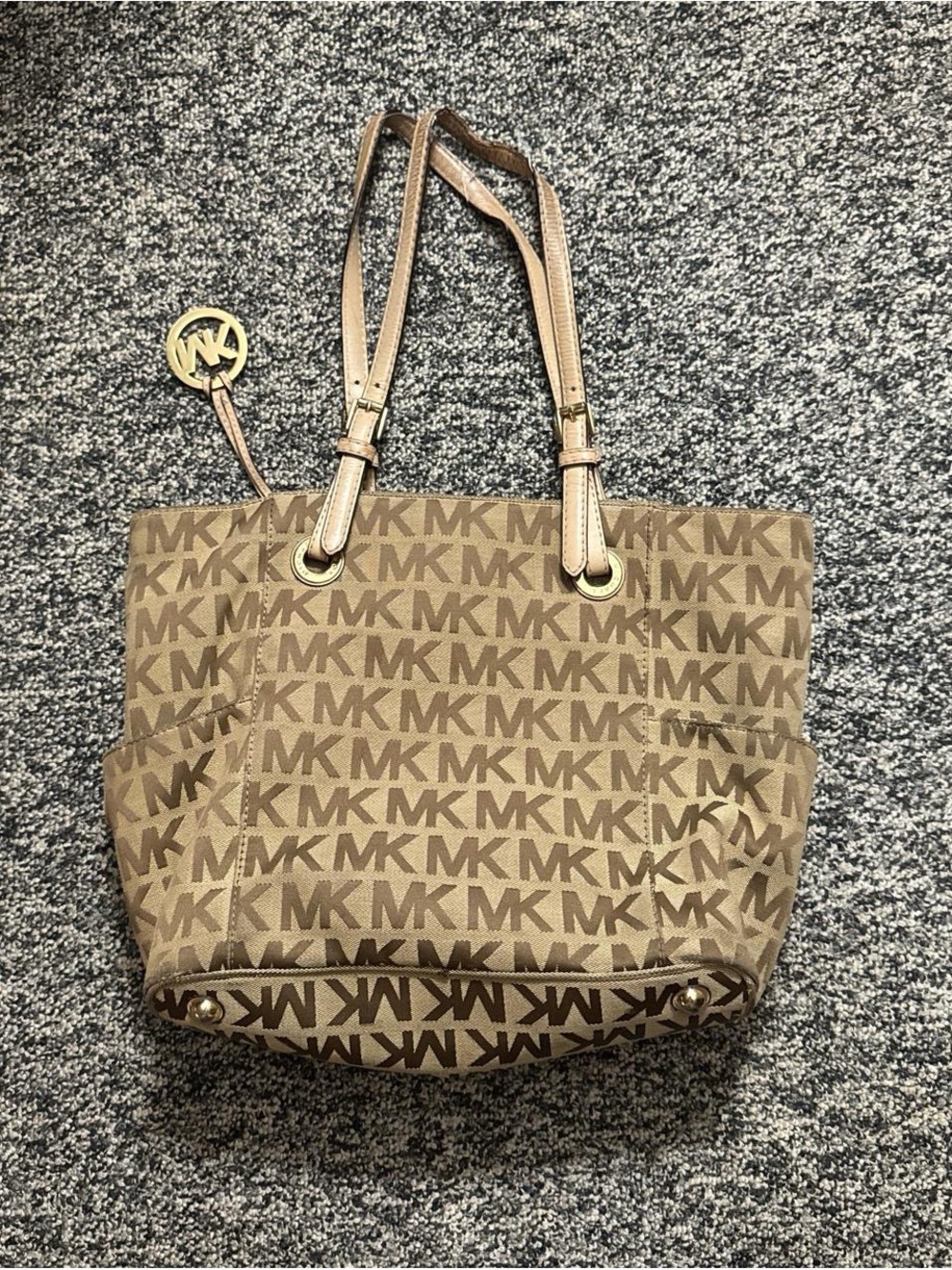 Michael Kors Tan and Brown MK Logo Tote with Gold Charm